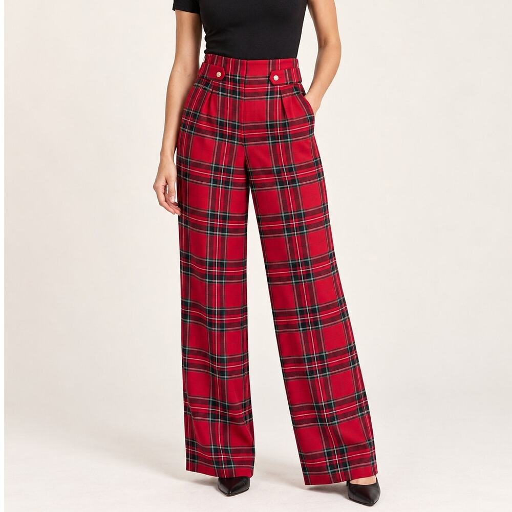 Red Tartan Plaid Wide Leg Pants Cato 6 High Rise Pleated Preppy Holiday Trousers
